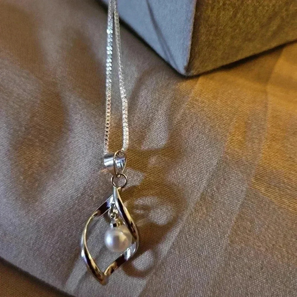 925 Sterling silver pearl pendant necklace, snake chain. - Picture 3 of 5